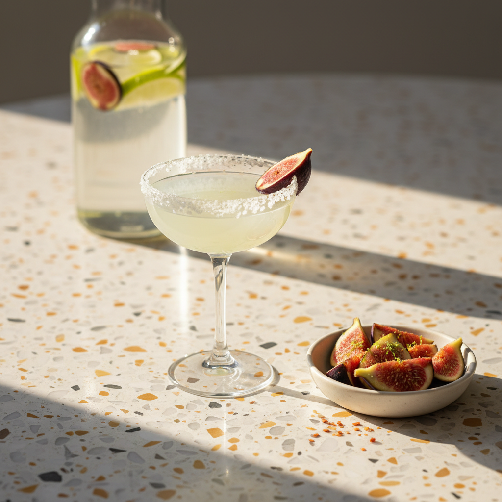 An elegant terrazzo tabletop featuring a single vintage-style coupe glass filled with a pale lime margarita, rim dipped in flaky sea salt and garnished with a thin wheel of fresh fig balanced on the rim. Beside it lies a small ceramic dish holding sliced figs dusted with lime zest and a pinch of chili salt. The background includes an out-of-focus carafe of infused water with fig and lime segments floating inside. Golden hour light streams from the right, casting long, refined shadows and catching the glass’s delicate stem. Photographed at eye level with a centered, minimalist composition and clean, photographic realism, the mood is sophisticated, leisurely, and subtly indulgent, perfect for a modern food lifestyle feature.