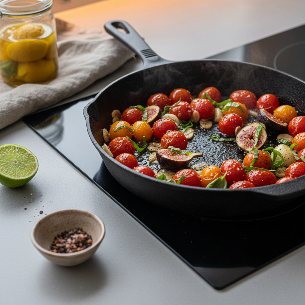 A close-up of a cast-iron skillet resting on a matte black induction cooktop, filled with blistered cherry tomatoes, sliced garlic, figs, and ribbons of fresh basil sizzling in golden olive oil. Coarse sea salt and cracked black pepper are visibly scattered across the surface. The surrounding counter shows a halved lime, a small bowl of smoked salt, and an open jar of preserved lemons on a soft linen towel. Warm under-cabinet lighting and a bit of cool window light blend to create a balanced, cinematic glow, with gentle steam rising. Captured at a low, three-quarter angle with shallow depth of field, the mood is intimate, refined, and sensorial, emphasizing photographic realism and sophisticated Mediterranean home cooking.