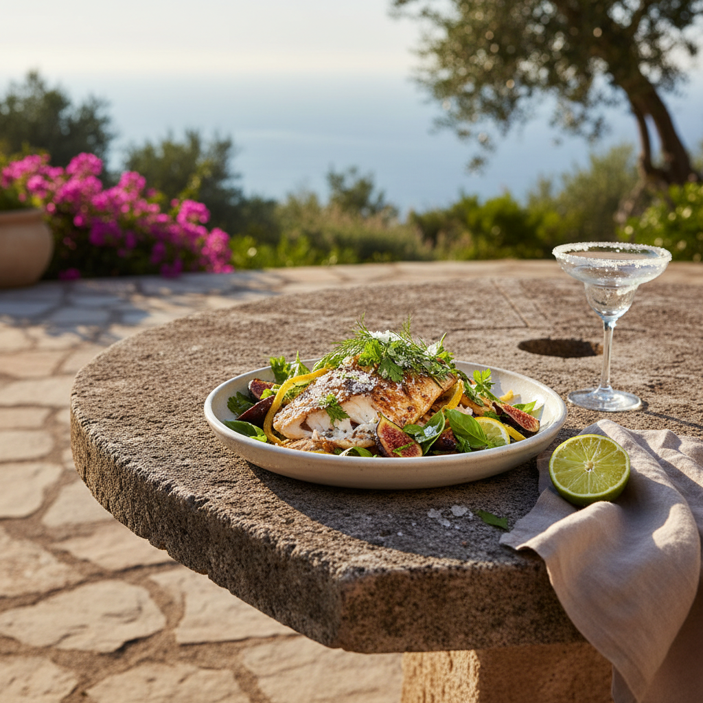 A sunlit outdoor stone table overlooking a blurred suggestion of a coastal garden, set with a single shallow bowl of grilled fish topped with preserved lemon, roasted figs, and herbs, finished with a dramatic sprinkle of flaky sea salt. A cut lime rests on a folded natural linen napkin nearby, with a small, nearly empty margarita glass leaving a faint ring on the stone. Late-afternoon Mediterranean sunlight creates a warm, golden wash over the scene, with crisp highlights on the salt crystals and gentle shadows from the herbs. Captured from a slightly elevated, three-quarter angle with moderate depth of field, the composition feels airy, refined, and quietly celebratory, in a realistic, editorial food photography style.