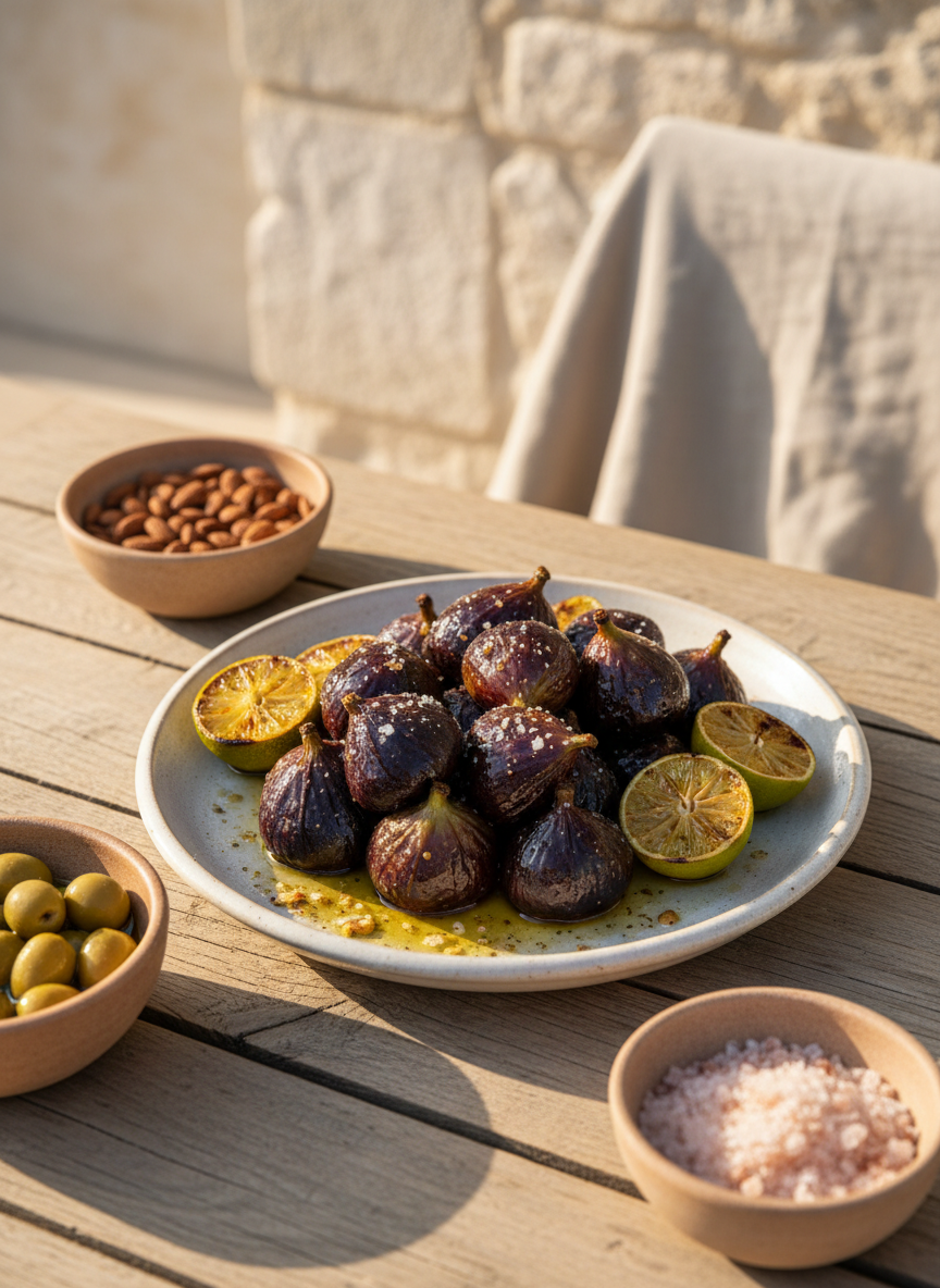A rustic wooden farmhouse table styled for a Mediterranean feast, featuring a large ceramic platter of glistening roasted figs, charred lime halves, and flaky sea salt sprinkled over golden olive oil. Surrounding the platter are small stoneware bowls filled with marcona almonds, briny green olives, and coarse pink salt. Soft late-afternoon natural light pours in from the left, catching the gloss of the figs and the translucent lime segments, while the background fades into a gentle bokeh of neutral linen and pale stone. Photographed at a slightly elevated angle with a shallow depth of field, the composition is elegant yet relaxed, evoking a sophisticated, sun-soaked coastal lifestyle in clean, photographic realism.